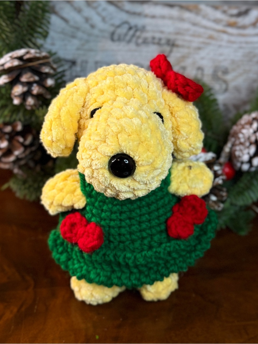 7 inch Plush Yellow Dog Toy in Green Dress with Red bow